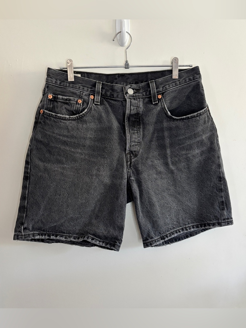 Levi's 501 Washed Gray High Rise Button Fly Distressed Relaxed Long Shorts
